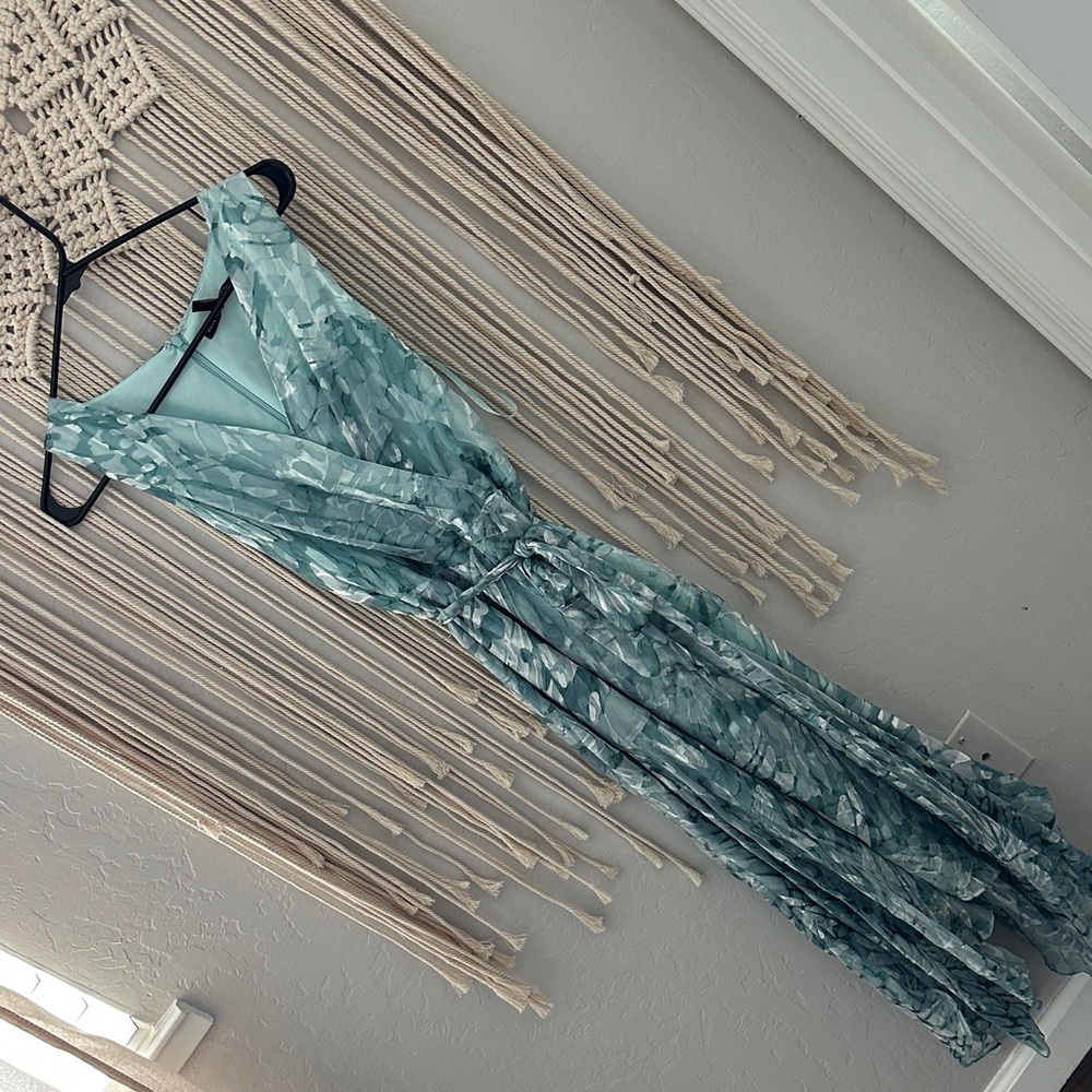 White House Black Market Seafoam Silk Asymmetrical Wrap Maxi Dress